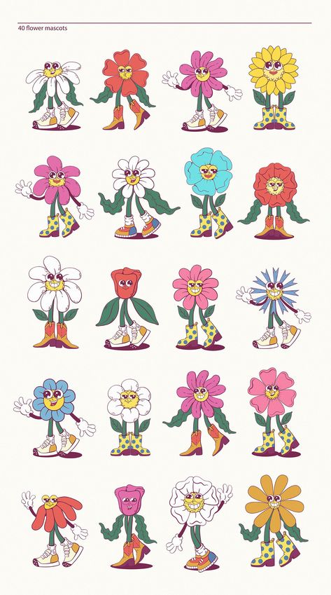 70s retro flower power mascot kit with clipart, logo, poster, wall art. Perfect for your 70s themed party or event. flowerpower 70s retro groovy . #Croquis #Nostalgia_70s #Flower_Power_Art #Art_Nostalgia Nostalgia 70s, Art Nostalgia, Matching Friend, Wallpaper Retro, Logo Poster, Art Mignon, Cartoon Flowers, Retro Groovy, Friend Tattoos