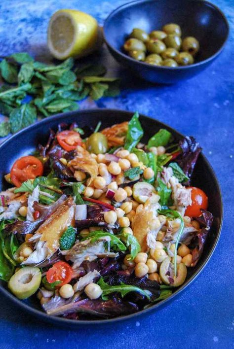 Smoked mackerel and chickpea Salad Smoked Mackerel Salad, Mackerel Salad, Salad With Chickpeas, Winter Salad Recipes, Mackerel Recipes, Smoked Mackerel, Chickpea Salad Recipes, Family Friendly Recipes, Smoked Fish