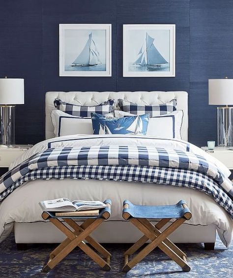 20 Blue Bedroom Ideas with a Coastal Beach Theme - Coastal Decor Ideas Interior Design DIY Shopping Navy Blue And White Bedding Master Bedrooms, Coastal Bedroom Navy Blue And White, Modern Beach House Bedroom Ideas, Nautical Bedroom Ideas Master, Navy Nautical Bedroom, Navy And White Coastal Bedroom, Sailboat Bedroom, Navy Blue And White Bedroom, Nautical Bedroom Decor