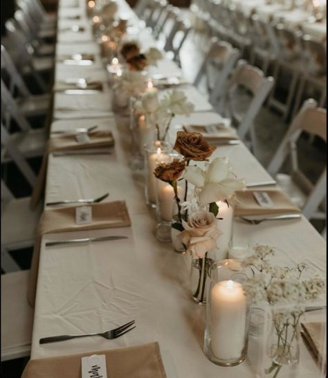 Candle Lit Table Wedding, Cheesecloth Table Runner With Candles, Wedding Table Settings Square Tables, Long Wedding Tables Simple, Wedding Table Settings No Flowers, Simple Wedding Centerpieces For Long Tables, 2024 Wedding Tables, Long Narrow Centerpiece Ideas, Rectangle Table Centerpieces Wedding Boho