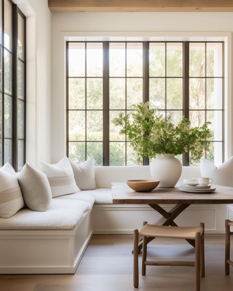 Dining Nook With Patio Door, Open Kitchen Dining Room Layout Breakfast Nooks, European Breakfast Nook, Dining Nook With Windows, Library Breakfast Nook, Cottage House Windows, Rectangle Breakfast Nook, Built In Breakfast Nook Corner Window, Mcgee Breakfast Nook