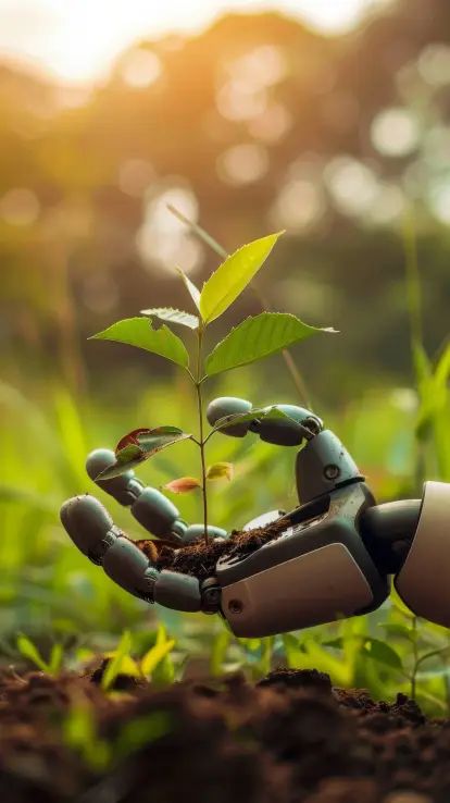 Download robot hand planting tree, automation in agriculture, artificial intelligence in farming, futuristic technology in nature, robot gardening, eco-friendly robotics FREE Stock Photo Technological Environment Images, Nature Robot, Futuristic Agriculture, Eco Friendly Illustration, Calander Design, Nature Futuristic, Farming Pictures, Futuristic Nature, Eco Aesthetic