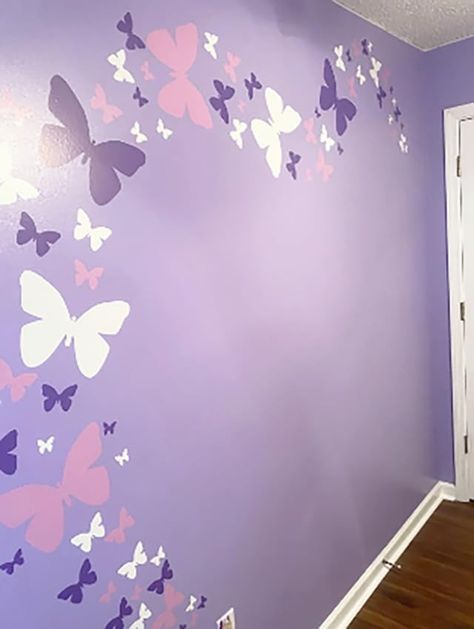 Amazon.com: Create-A-Mural Butterfly Wall Mural Paint, Butterfly Wall Painting Bedrooms, Butterfly Stickers On Wall, Purple Wall Painting Ideas Bedroom, Butterfly Wall Design, Butterfly Wall Stencil, Purple Butterfly Nursery, Tangled Room, Butterfly Baby Room