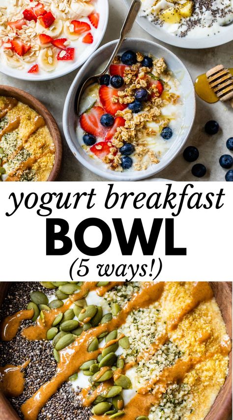 Yogurt Breakfast Bowl Ideas, Vegan Yogurt Bowl Breakfast, Vegan Yogurt Breakfast, Homemade Yogurt Bowls, Healthy Breakfast Recipes Yogurt, Macro Friendly Greek Yogurt Recipes, Green Yogurt Breakfast, Greek Yogurt Toppings Breakfast, Healthy Greek Yogurt Recipes Breakfast