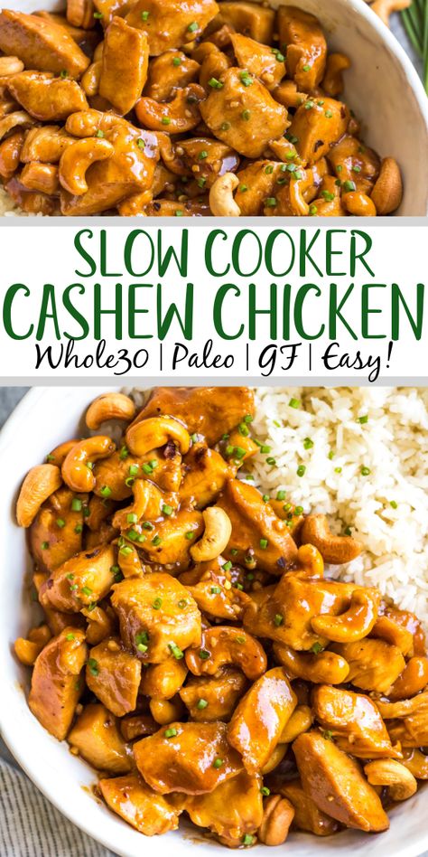 This slow cooker cashew chicken is an easy, healthy dinner or meal prep recipe. It's Whole30, paleo, gluten-free and soy-free, and only needs 10 minutes of prep work to dice chicken and make an easy sauce. The crockpot does the rest of the work, and you get a family friendly meal that's quick and simple to clean up. Paired with a vegetable side, this is the perfect go-to for a busy weeknight! #whole30slowcooker #cashewchicken #whole30chicken #glutenfreechicken #slowcookerrecipes #... Paleo Crockpot Meatballs, Gluten Free Low Carb Crockpot Meals, Quick Healthy Slow Cooker Meals, Paleo Chicken Slow Cooker Recipes, Whole30 Chicken Crockpot Recipes, Whole30 Chicken Thigh Crockpot, Whole Clean Eating Recipes, Whole 30 Crock Pot Chicken, Whole 30 Crockpot Recipes Chicken