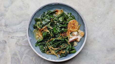 Garlic-and-Parmesan-Braised Greens Recipe | Bon Appétit Braised Kale, Braised Greens, Vegan Sausage, Dinner Sides, Collard Greens, Greens Recipe, Vegetable Sides, Best Dishes, Veggie Sides