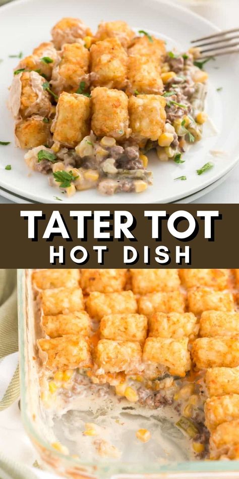 My Tater Tot Hot Dish is the ultimate comfort food casserole, combining crispy potato tots with a savory, homemade filling. This easy and quick meal is a simple delight that can be whipped up in no time, making it a perfect weeknight dinner or side dish. Delve into the warm, hearty goodness of this classic homemade comfort food. Tater Tot Hot Dish, Comfort Food Casserole, Homemade Tater Tots, Tater Tot Hotdish, Easy Tater Tots, Hotdish Recipes, Tater Tot Recipes, Potato Tots, Homemade Comfort Food