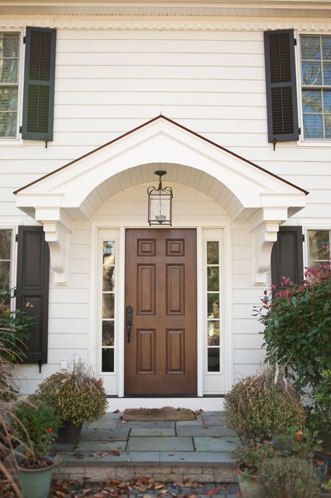 Colonial Front Door Ideas, Colonial Front Door, Porch Roof Design, Front Door Overhang, Front Door Awning, Door Overhang, Portico Design, Front Door Canopy, Colonial House Exteriors