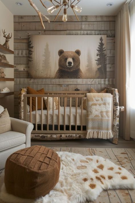 29 Boho Nursery Decor Ideas for a Whimsical and Cozy Baby Retreat 28 Boho Woodland Nursery, Cabin Nursery, Baby Boy Nursery Woodland, Nursery Decor Ideas, Bedroom Wall Decor Ideas, Woodland Nursery Boy, Forest Animal Nursery, Boy Nursery Themes, Baby Boy Nursery Themes