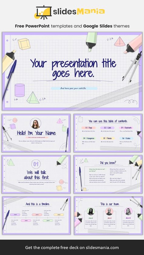 Ready to dive into geometry and volume? This template is perfect for this type of Math. Paper like backgrounds, highlighters, pen, ruler and a compass are featured in this free theme, along with some geometric shapes and their formulas for volume. If you wish to use this template for other subject rather than geometry, you can delete the shapes and formulas and simply use its school backgrounds. Maths Ppt Template, Math Template Powerpoint, Math Presentation Template, Math Ppt Template, Math Presentation Background, Power Point Presentation Ideas Student, Math Ppt Background, Math Powerpoint Templates, Math Presentation