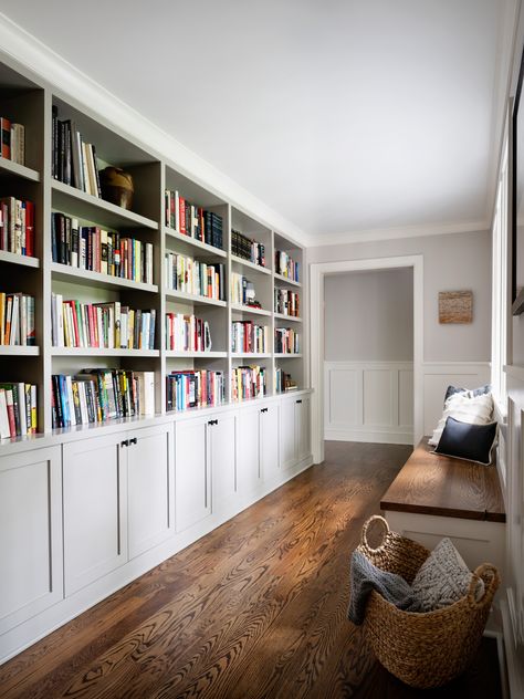 Glenwood Road | Built-in Bookshelves | Z+ Interiors In Built Bookshelf, Built In Bookshelves With Cupboards, Wall Built In Bookshelves, Full Wall Library Bookshelves, Living Room Built In Library, Bookshelf Wall Living Room Built Ins, Long Wall Built Ins, Wall To Wall Bookshelves Living Room, Built In Bookshelf Hallway