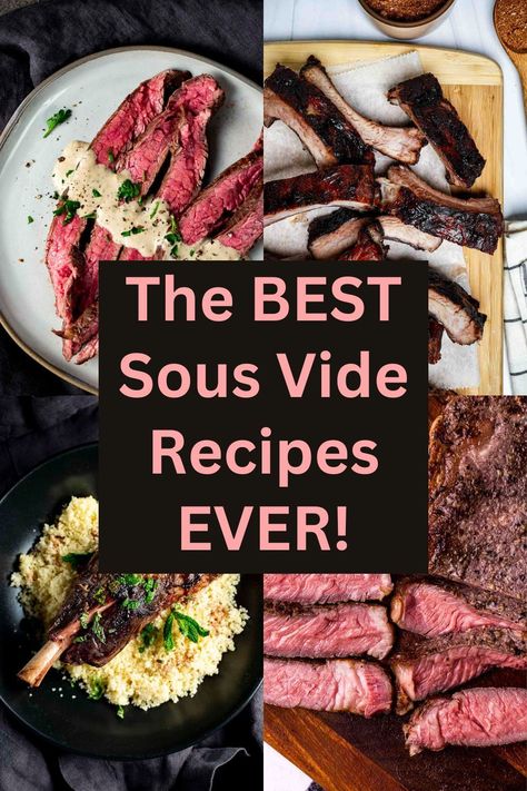 A collection of 25+ of the best sous vide recipes, ranging from ultra tender steaks and ribs, to crisp tender vegetables and creamy desserts! This is a collection of both reader favorite and my own personal favorite recipes! Sous Vide Pork Ribs Recipe, Sous Vide Pork Ribs, Sous Vide Lamb Chops, Sous Vide Fried Chicken, Sous Vide Pork Loin, Sous Vide Cheesecake, Sous Vide Ribeye, Sous Vide Lamb, Sous Vide Vegetables