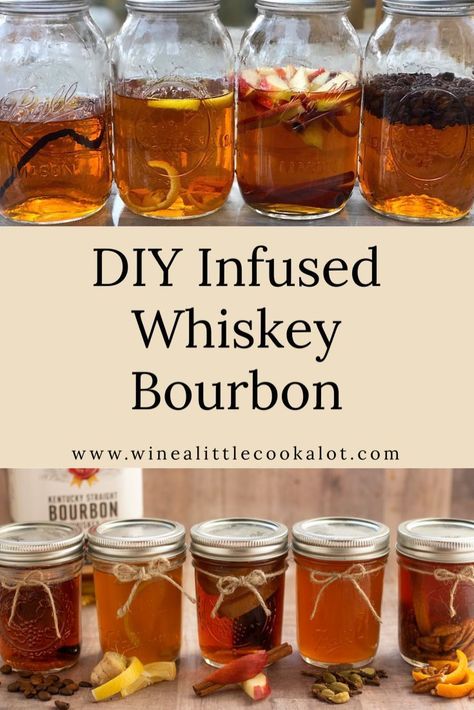 DIY infused whiskey bourbon makes an easy homemade gift. Try flavors like coffee whiskey, apple cinnamon, or orange pecan whiskey. #whiskey #bourbon #homemadegift Diy Bourbon Tasting, Infused Liquors Recipes, Infused Bourbon Gifts, How To Infuse Whiskey, Apple Infused Bourbon, Diy Infused Liquor, Apple Pie Infused Bourbon, Banana Infused Bourbon, Fruit Infused Whiskey