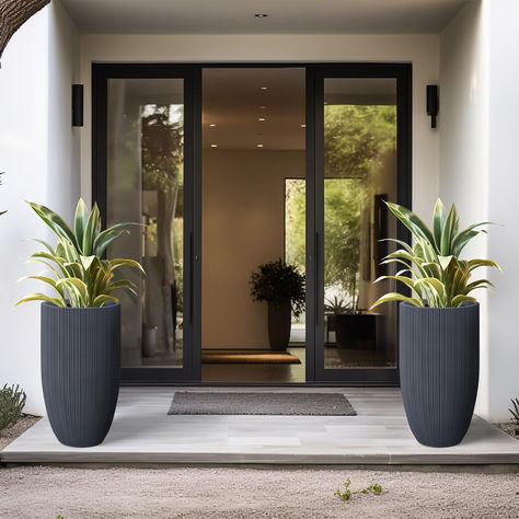 Florida Planters Front Porches, Plants For House Entrance, Front Planters Landscaping, Large Pots In Front Of House, Pots In Front Of House, Indoor Patio Decorating Ideas, Entrance Plants Outdoor, Large Potted Plants Outdoor, Planters Ideas Indoor