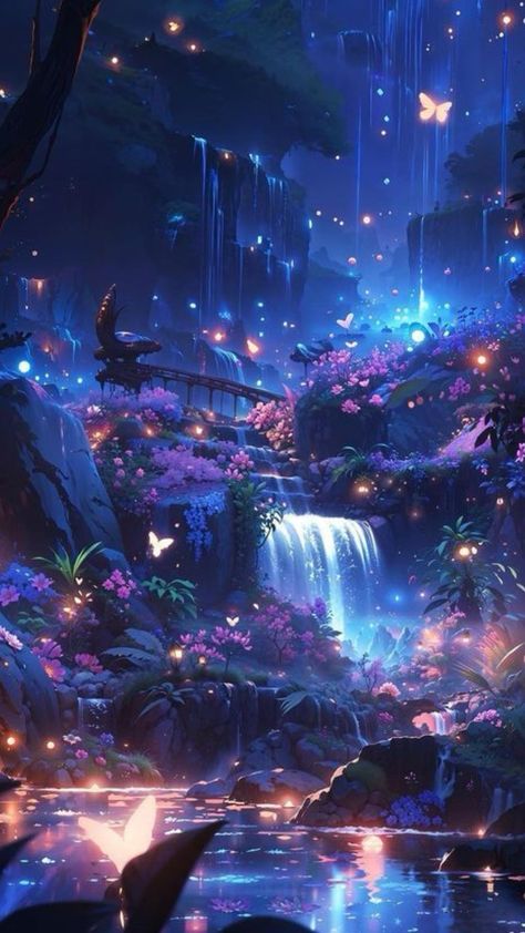 Mountain Fairy Aesthetic, Gothic Summer Wallpaper, Butterfly Laptop Wallpaper, Magical Waterfall, Star Garden, Fantasy Scenery, Seni Korea, الفن الرقمي, Dreamy Artwork