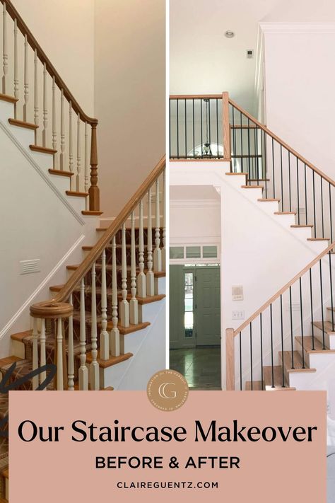 Modern Staircase Railing Unique, Modern Staircase Lighting, Modern Farmhouse Staircase, Modern Staircase Railing, Redo Stairs, Stair Railing Makeover, Diy Stair Railing, Home Ideas Kitchen, Transitional Staircase