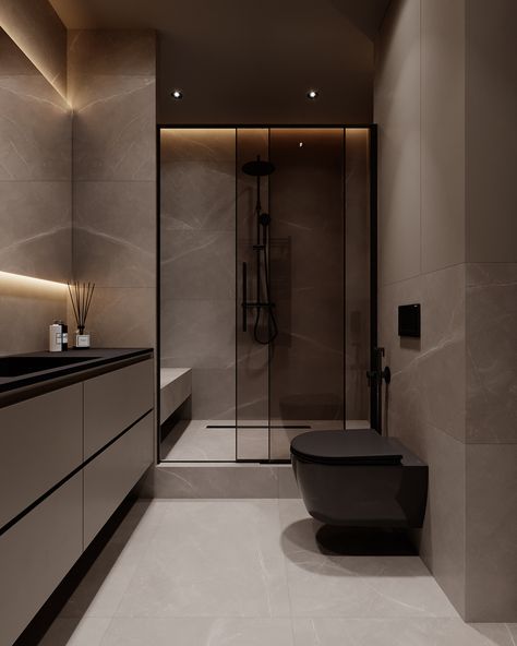 Dark Bathroom Paint, Taupe Bathroom Ideas, Dark Bathroom Aesthetic, Black Bathroom Floor Tiles, Bathroom Ideas Dark, Narrow Bathroom Layout, Long Narrow Bathroom, Sauna Bathroom Design, Bathroom Color Ideas