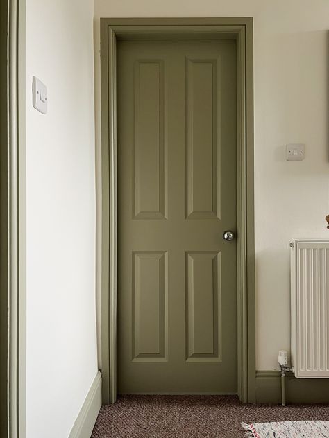 Olive Green Skirting Boards, Colored Door And Trim, Darker Skirting Boards, White Walls Coloured Woodwork, Skirting Paint Ideas, Green Painted Doors Interior, Skirting Boards Darker Than Walls, Coloured Skirting Boards Hallway, Dark Painted Baseboards And Trim