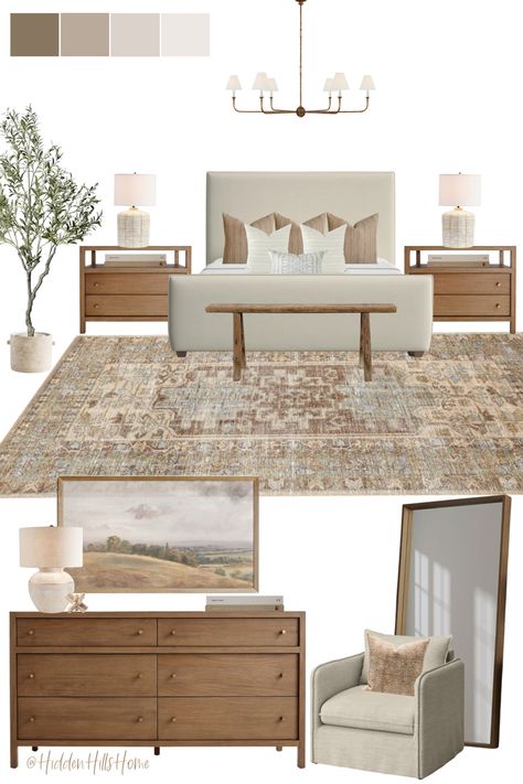 Primary bedroom decor mood board design with a modern transitional style! Master bedroom decor ideas Primary Bedroom Decor, Wallpaper In Home, Transitional Style Bedroom, Decor Mood Board, Transitional Bedroom Design, Rock Wallpaper, Timeless Bedroom, Neutral Bedrooms, Transitional Bedroom