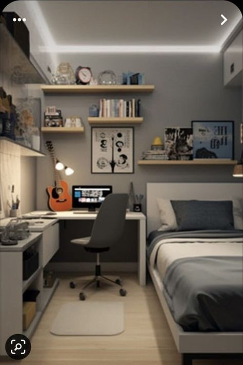 Small Man Room Ideas, Computer Desk Setup Small Space, Bedroom Ideas For Small Rooms For Boys, Room Assesories Bedrooms, Teenager Bedroom Design Boy, Aesthetic Boys Room Ideas, Aesthetic Room For Boys, Small Room Ideas For Men Minimalist, Teenager Boy Bedroom Ideas