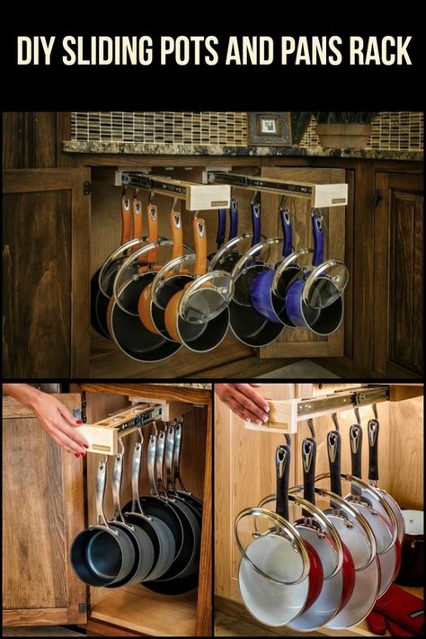 This sliding rack for pots and pans will surely make your life a whole lot easier! Pots And Pans Rack, Pan Storage, Kitchen Design Diy, Pan Rack, Outdoor Kitchen Appliances, Diy Kitchen Storage, Kitchen Cabinet Organization, Kitchen Cabinet Storage, Kitchen Drawers