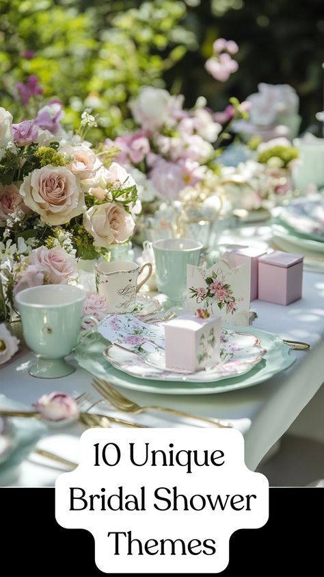 A table set for an elegant garden-themed bridal shower with floral decorations, pastel-colored tableware, and personalized party favors. Mr And Mrs Shower Ideas, Boho Bridal Shower Theme Ideas, Bridal Shower Lunch Decor, July Bridal Shower Themes, Filipino Bridal Shower Ideas, Let Love Grow Bridal Shower Theme Decor, Winter Tea Party Bridal Shower Ideas, Tulip Bridal Shower Ideas, Garden Themed Bridal Shower Ideas Decor