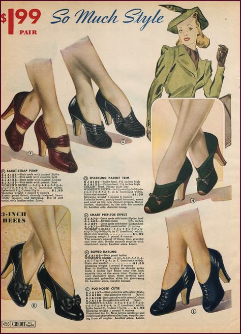 Chicago Mail Order 1940/40 | New Vintage Lady fashion style color photo print ad illustration women ladies shoes pumps heels 40s 1930s Shoes, 1940s Shoes, American Duchess, Fashion 1940s, Shoes Ads, Fur Coat Vintage, Awesome Shoes, 40s Fashion, Vintage Fur