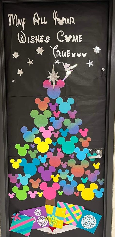 School Winter Door Decorating Contest, Mickey Christmas Door Decor For School, Happy Holidays Door Decorations For School, Disney Theme Classroom Door Ideas, How To Decorate Office Door For Christmas, Christmas Theme Board Ideas, Mickey Christmas Door Decorations, Disney Christmas Classroom Doors, Disney Halloween Classroom Door Ideas