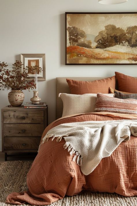 🌈So Inspired by This Beautiful Decor🌟 Terracotta Bedding Bedroom Ideas, Terracotta Bedding, Bedroom Terracotta, Burnt Orange Bedroom, Terracotta Bedroom, Earthy Modern, House Cozy, Minimalist Bedroom Ideas, Fall Bedroom Decor