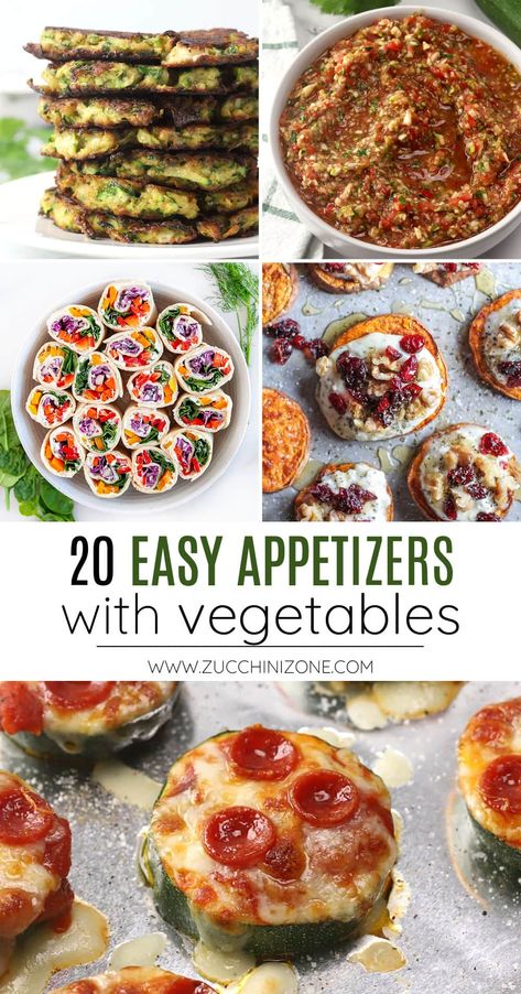 20 easy appetizers with vegetables, a recipe roundup by Zucchini Zone. Today I'm sharing 20 easy appetizers with vegetables. Use seasonal produce and add a pop of color to your appetizer table with one of these easy recipes! #appetizers #vegetables #easyappetizers #partyfood Veggie Party Ideas, Veggie Finger Foods Parties, Veggie Apps Appetizers, Fruit And Vegetable Appetizers, Fruit And Veggie Appetizers, Finger Food Vegetables, Finger Foods Vegetables, Veggies For Party Appetizers, Easy Vegetable Appetizers For A Party