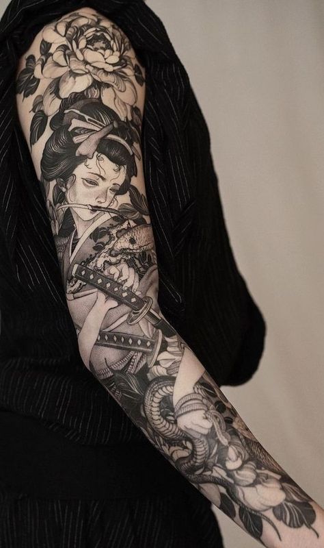 12 Popular Tattoo Styles Any Artist Should Know Tattoo Snake Sleeve, Pen Sketch Tattoo, Black Work Snake Tattoo, Geisha Full Sleeve Tattoo, Gothic Arm Sleeve Tattoo, Illustrative Tattoo Sleeve, Full Sleeve Japanese Tattoo, Black Work Tattoo Sleeve, Japanese Tattoo Arm