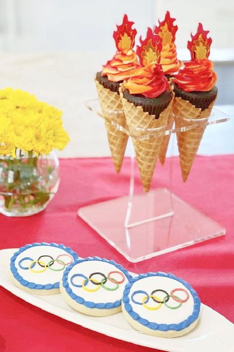 Check out this fab Olympics-themed party! The party food is fab!! See more party ideas and share yours at CatchMyParty.com Olympics Party Theme, Olympics Food Party, Olympic Party Food Ideas, Olympic Birthday Party Ideas, Backyard Olympics For Adults, French Olympics Party, Olympic Theme Food Ideas, Paris Olympics Party, Olympic Themed Birthday Party