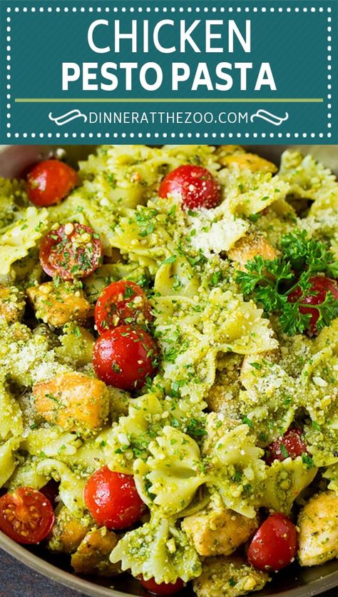 This chicken pesto pasta is sauteed chicken, farfalle pasta and cherry tomatoes, all tossed in basil pesto and finished off with parmesan cheese. Chicken Farfalle, Basil Pesto Chicken Pasta, Pasta With Roasted Tomatoes, Chicken Tomato Pasta, Farfalle Pasta Recipes, Pull Apart Sliders, Tomato Pesto Chicken, Pesto Pasta Recipes Chicken, Pesto Dishes