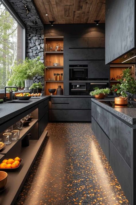 13 Black Granite Countertop Ideas That Will Change The Way You See Your Kitchen Forever! | DIY Vibes Black Bar Top Countertops, Black Barndo Interior, Black Kitchen Counter Tops, Black Granite Countertops Kitchen Modern, Black Honed Granite Countertops, Kitchen With Black Countertops, Black Granite Countertops Kitchen, Barndo Kitchen, 2023 Architecture