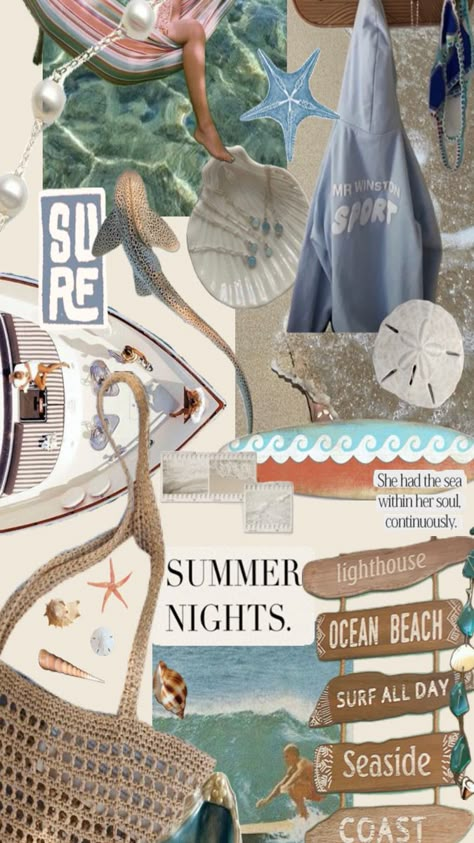 Blue Seashells Aesthetic, Beachy Mood Board, Beach Wallpapers For Iphone, Beach Mood Board, Coastal Collage, Artsy Wallpaper, Summer Prints Wallpaper, Beachy Wallpapers, Beachy Wallpaper