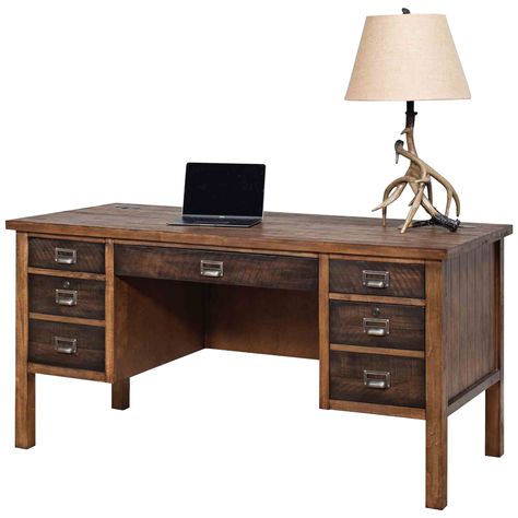 Heritage Hickory 5-Drawer Wood Half Pedestal Desk - Style # 21K02 Wooden Desk With Drawers, Beadboard Paneling, Rustic Home Offices, Wood Office Desk, Traditional Desk, Desk Styling, Pedestal Desk, Hickory Wood, Desk Office