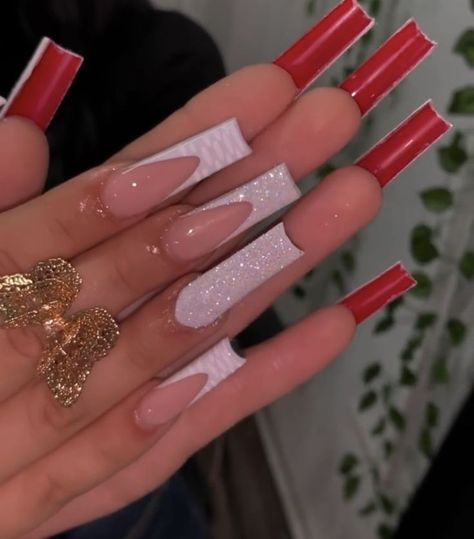 Red Bottoms Nails Acrylic, Acrylic Nail Designs Birthday Art Ideas, Simple Red Bottom Nails, Long Simple Christmas Nails, Red Long Christmas Nails, Red Bottom Nails White, White French Tip Red Bottom Nails, Red Christmas Nails Long Square, Red Bottom Christmas Nails