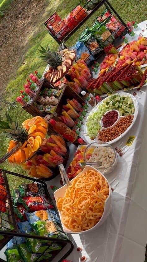 Antojitos Table, Mexican Dessert Table, Party Snack Table, Mexican Theme Party Decorations, Fruit Buffet, Mexican Birthday Parties, Dresses Champagne, Gold Quince, Mexican Snacks