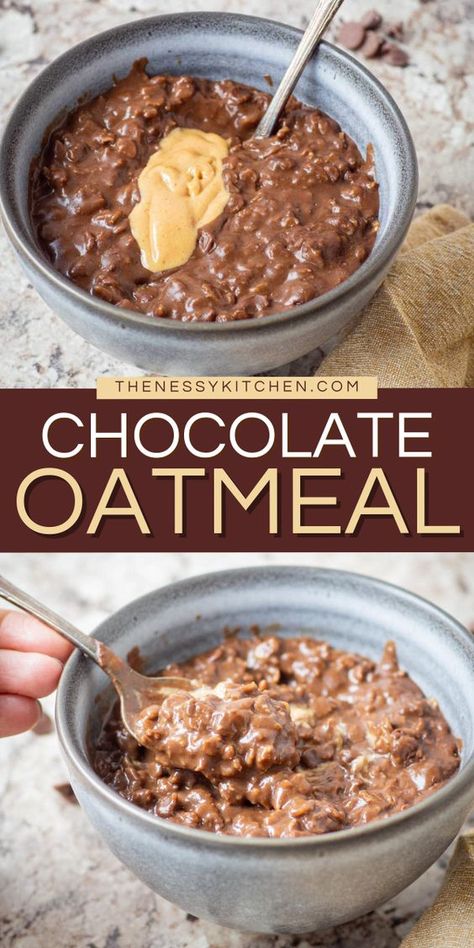 This simple breakfast idea of chocolate oats is ready in just 15 minutes! Extra creamy with wholesome ingredients, this healthy chocolate oatmeal is a great way to start the day. Check out the variations you can try on this easy brunch recipe! 1 Minute Oatmeal Recipes, Good Oatmeal Recipes, High Blood Pressure Breakfast, Recipes With Oat Milk, Oatmeal Recipes Easy, Protein Oatmeal Recipes, Healthy Chocolate Oatmeal, Oatmeal Recipes Breakfast, Breastfeeding Recipes