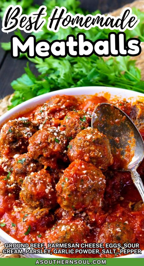 This recipe for the BEST Homemade Meatballs is a classic that’s super easy to make! These meatballs are tender, juicy, and are perfect served over pasta, as an appetizer, and in subs. They’re baked and ready to serve with a simple, flavorful marinara sauce in just 30 minutes. How To Make Meatballs Easy, 3 Meat Meatballs, Classic Meatball Recipes, Meatballs In Crockpot Homemade, Homemade Meatballs Ground Beef, Meatball Grinder Recipes, Meatball Marinara Sauce, Meatball Recipes Homemade, Homemade Meatball Appetizer