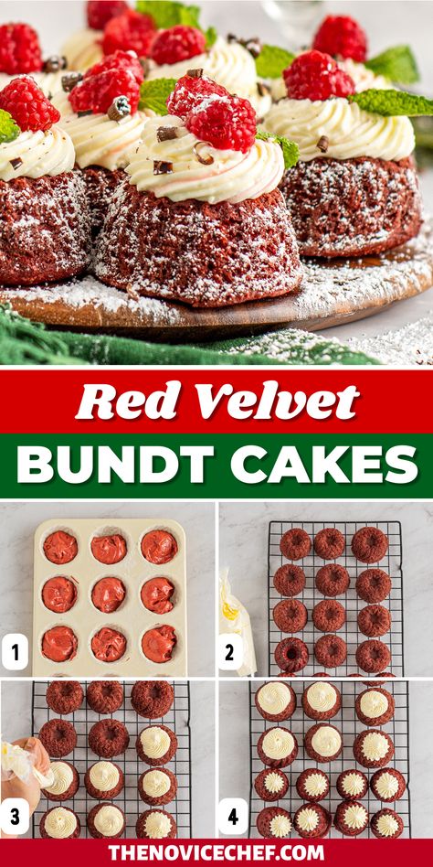 Bundt Cake Decorating Ideas Wedding, How To Decorate Mini Bundt Cakes, Mini Red Velvet Bundt Cakes, Mini Bundt Cakes From Cake Mix Boxes Red Velvet, Mini Holiday Cakes, Red Velvet Mini Bundt Cakes, Red Velvet Christmas Desserts, Pettifor Cakes, Mini Christmas Bundt Cakes