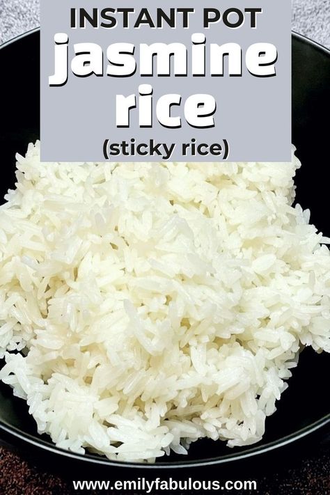 a bowl of jasmine rice made in the instant pot Perfect Jasmine Rice Instant Pot, Sticky White Rice Instant Pot, Instant Pot White Rice Large Batch, Pressure Cooker Sticky Rice, How Long To Cook Rice In Instant Pot, Instant Pot Jasmine Rice How To Cook, Instapot Jasmine Rice Recipe, Instapot Sticky Rice, Instant Pot Rice Jasmine