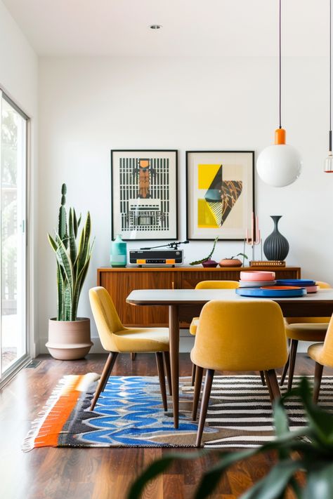 Use these tips to get the perfect mid-century modern dining room in your home. Artsy Mid Century Modern, Dinning Room Ideas Mid Century Modern, Mid Century Modern Thanksgiving Decor, Mid Century Styling, Retro Dinner Table, Cool Airbnb Decor, Mid Century Modern Styling, Mid Century Furniture Design, Mid Century Boho Office