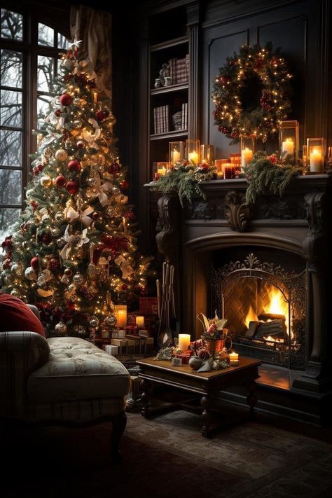 Dark Academia Christmas, Christmas Castle, Castle Christmas, Cozy Christmas Living Room, Gothic Christmas, Pre Lit Christmas Tree, Dark Christmas, Christmas Front Doors, Christmas Mantel Decorations