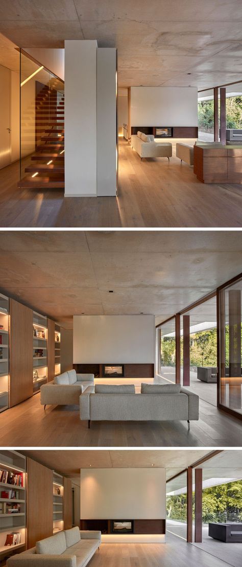 backlit Lowered Living Room, Lower Living Room, Wall Of Shelving, Wood Floor Living Room, Minimalist Fireplace, Living Room Wood Floor, Concrete Ceiling, Pine Forest, Ceiling Decor