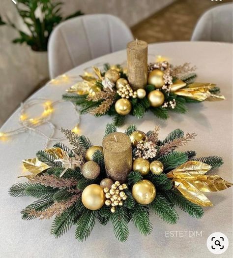 Gold Diy Centerpieces, Thanksgiving Table Settings Diy, Wooden Christmas Trees Diy, Neutral Holiday Decor, Christmas Decorations Centerpiece, Christmas Centers, Christmas Candle Decorations, Christmas Flower Arrangements, Christmas Mantle Decor