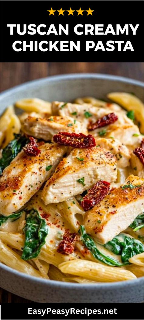 Whip up a comforting bowl of Creamy Tuscan Chicken Pasta that will warm your heart and tummy! This delightful dish combines al dente pasta with juicy chicken, vibrant spinach, and sun-dried tomatoes, all tossed in a luscious creamy sauce that makes it irresistible. Perfect for busy weeknights or cozy family dinners, this recipe is easy to prepare and bursting with flavor. You'll find it satisfying and filling, especially when paired with garlic bread. Dive into this creamy, dreamy dinner today! Tuscan Chicken With Spinach And Sun Dried Tomatoes, Sun Dried Tomatoes Chicken Pasta, One Pot Creamy Tuscan Chicken Pasta, Recipes That Use Sun Dried Tomatoes, Creamy Tomato Pasta With Chicken, Chicken Sun Dried Tomatoes Recipes Pasta, Pasta With Sun Dried Tomatoes Recipes, Chicken Tuscan Pasta, Chicken And Sun Dried Tomatoes