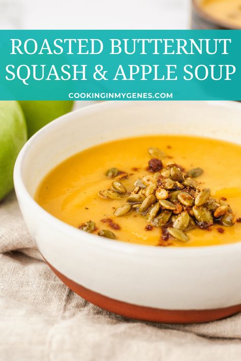 This is the best of Roasted Butternut Squash Apple Soup recipes! Simple to make, creamy and perfect for the cooler Fall & Winter seasons. Butternut Apple Soup, Squash Apple Soup Recipe, Pumpkin Apple Soup, Apple Soup Recipes, Squash And Apple Soup, Squash Apple Soup, Butternut Squash Apple Soup, Best Butternut Squash Soup, Butternut Squash Apple