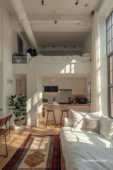 Windows lining the peaked roof send natural light bouncing throughout. The elevated design uplifts interior spaces and optimizes views. Small Loft Apartment, Small Cozy Apartment, Tall Bed, Small Floor Plans, White Apartment, Loft Interior Design, Tiny House Loft, Loft Interiors, Ideas Hogar