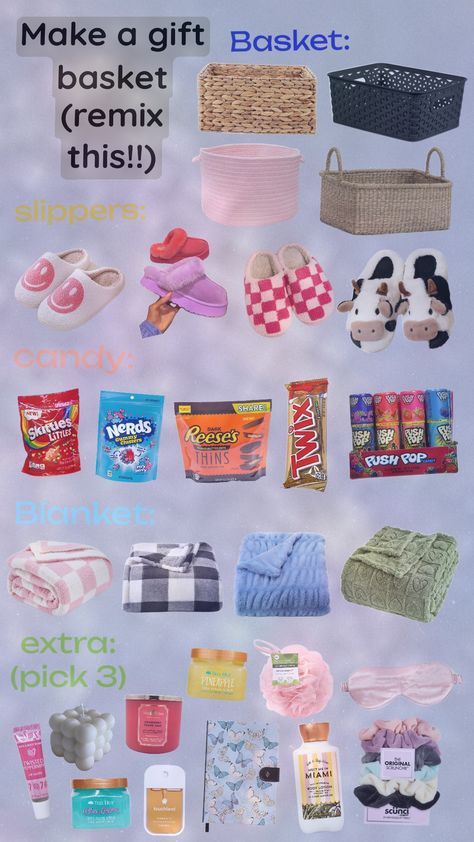 Make a gift basket!! #giftbasket #preppy #birthdaybasket #remix Preppy Gift Basket Ideas, Cheap Gift Basket Ideas, Best Friend Birthday Basket, Girly Gift Baskets, Birthday Basket For Best Friend, Birthday Basket Ideas, Cute Gift Basket Ideas, Bday Basket, Small Gift Basket